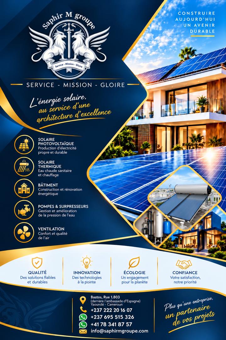 Plaquette de présentation Saphir M. Groupe : solaire photovoltaïque, solaire thermique, bâtiment, pompes et surpresseurs, ventilation.